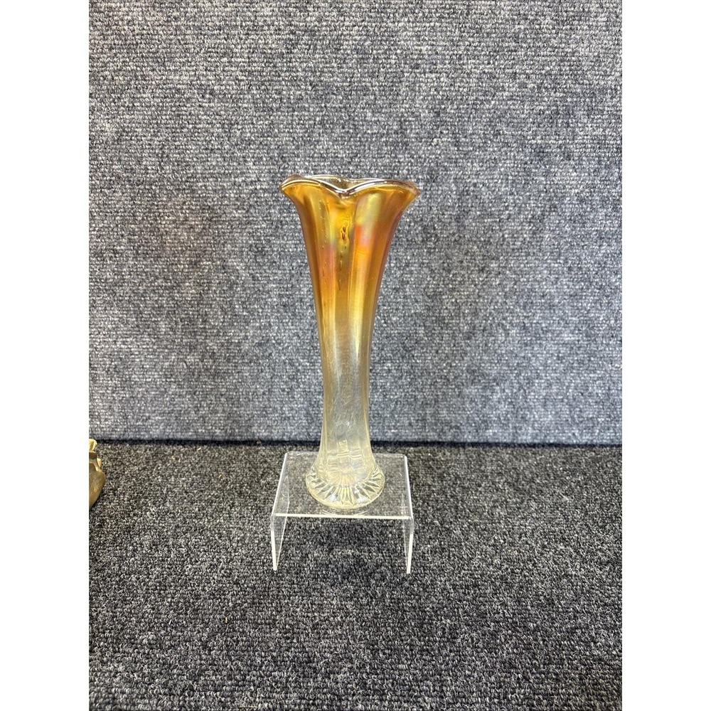Vtg~Carnival Glass Paneled~Clear-to-Marigold~Stretch Glass Vase~9" Tall